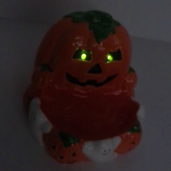 Vintage Russ Halloween Ceramic Pumpkin Ghosts Motion Activated Candy Dish - Picture 2 of 8